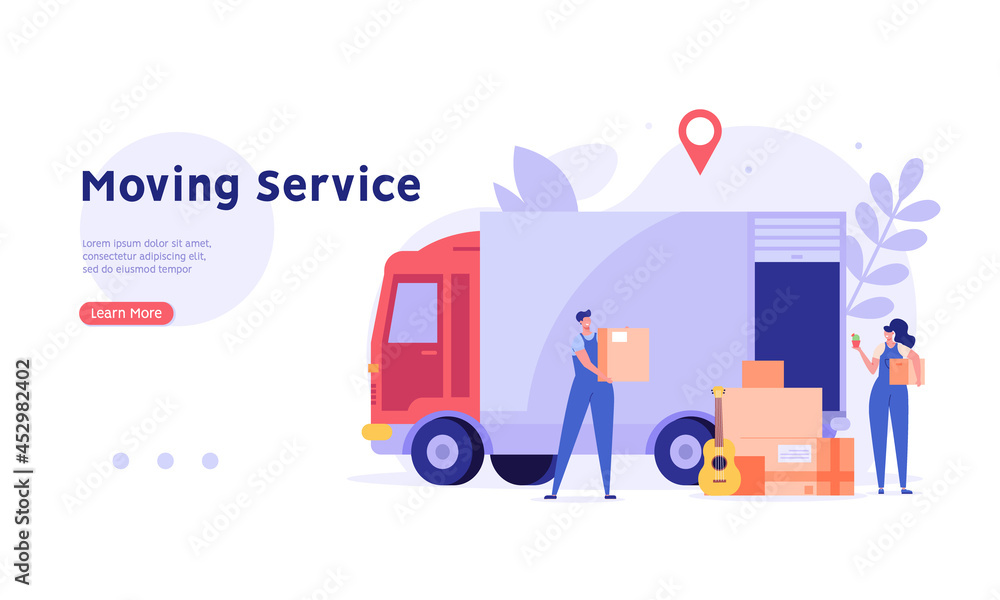 Moving service in new house or apartment. Delivery truck with cardboard boxes for home stuff. Movers moving in new home. We’re moving concept. Vector illustration for Web Design