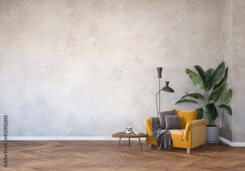 living room with a yellow armchair and plant, wall mockup, light interior of living room with wood floor and gray wall, 3d render, 3D illustration, background, gray empty wall mockup photo
