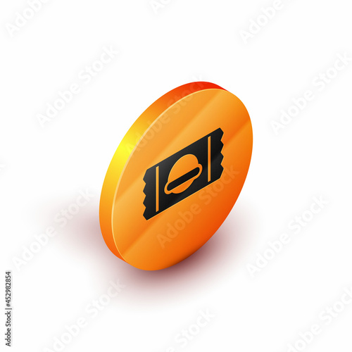 Isometric Sports nutrition bodybuilding proteine power drink and food icon isolated on white background. Orange circle button. Vector