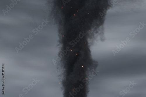 3d rendering of thick grey clouds of smoke surrounded by glowing sparks