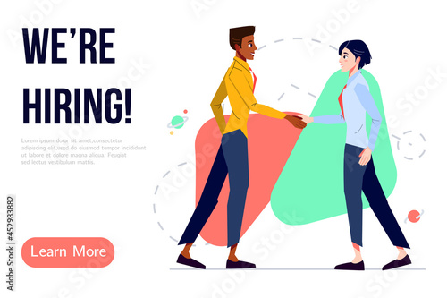 We are hiring banner design. Job vacancy vector poster. People shake hands. Boss hires new employee. Diverse team welcomes new staff member. Business recruiting creative concept.