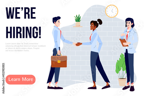 We are hiring banner design. Job vacancy vector poster. People shake hands. Boss hires new employee. Team welcomes new staff member. Business recruiting creative concept.
