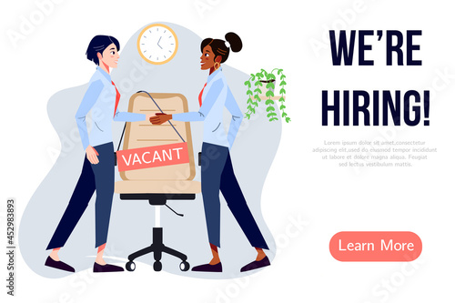 We are hiring banner design. Job vacancy vector poster. People shake hands. Boss hires new employee. Diverse team welcomes new staff member. Business recruiting creative concept.
