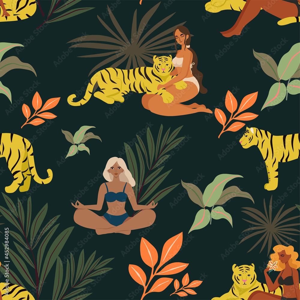 Tropical pattern with tigers and girls in swimsuit. Vector modern seamless texture.