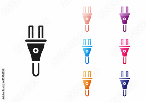 Black Electric plug icon isolated on white background. Concept of connection and disconnection of the electricity. Set icons colorful. Vector