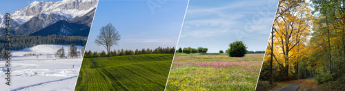 Four seasons landscape collage. Horizontal banner with photos of winter, spring, summer, autumn.Landscapes od mountains, field, meadow and forest in all seasons. © msnobody