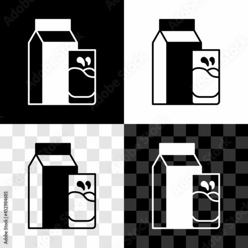 Set Paper package for kefir and glass icon isolated on black and white, transparent background. Dieting food for healthy lifestyle and probiotics fulfillment. Vector