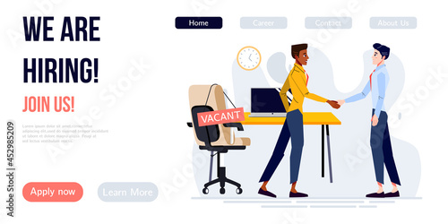We are hiring banner design. Job vacancy vector poster. People shake hands. Boss hires new employee. Diverse team welcomes new staff member. Business recruiting creative concept.