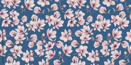 Seamless vector vintage floral pattern for gift wrap, fabric, cover and interior design with flowers.  Magnolia flowers and leaves photo