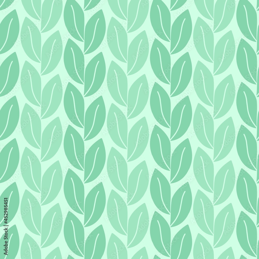Vector seamless pattern with leaves, repeatable minimalistic background. Repeatable botanical backdrop. Green geometric tea leaves motif.