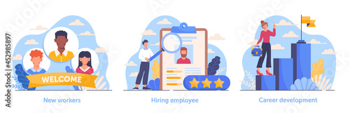 Recruitment of employees concept set. New workers, candidate resumes and career development. Creating team for business progress. Cartoon modern flat vector collection isolated on white background