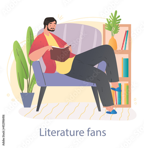 Love of reading concept. Literary fan sits on easy chair and holds interesting book. Male character studies information. Cartoon contemporary flat vector illustration isolated on white background