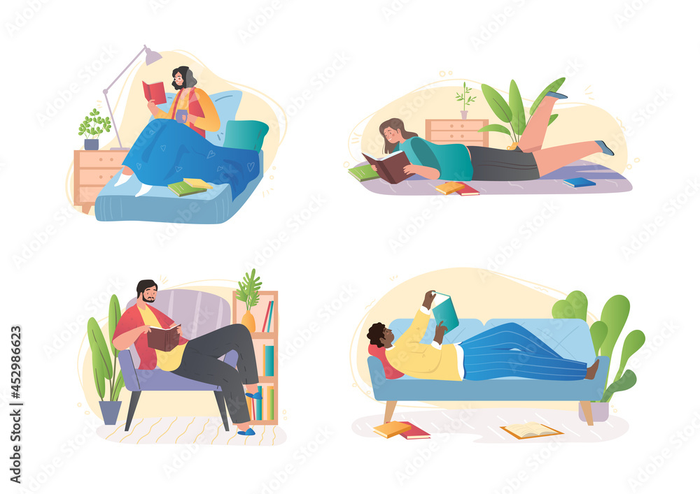 Collection of reading people. Men and women love literature. Set of young characters holding books and preparing for exam. Cartoon contemporary flat vector collage isolated on white background