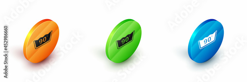 Isometric Washing under 90 degrees celsius icon isolated on white background. Temperature wash. Circle button. Vector