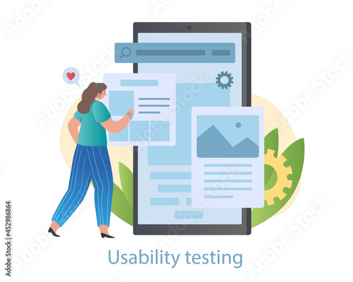 Usability testing concept. Female programmer checks convenience of application for users. Software, page design and professional skills. Cartoon flat vector illustration isolated on white background