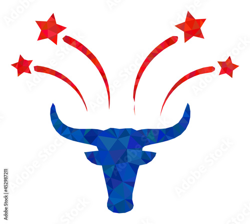 Low-poly bull fireworks constructed with chaotic filled triangles. Triangle bull fireworks polygonal symbol illustration. Bull Fireworks icon is filled with triangles.