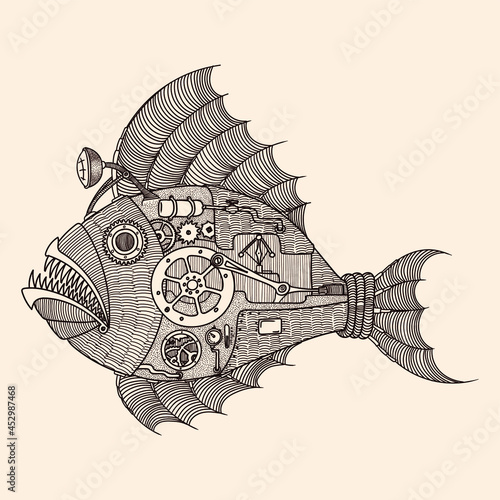 Steampunk fish-shaped submarine with steam engine. Vector image isolated on beige background.