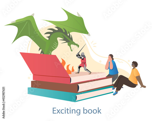 Fantastic story in book. Man and woman watch as knight fights dragon in open book. Literature with adventure and fairy tales for children. Cartoon flat vector illustration isolated on white background
