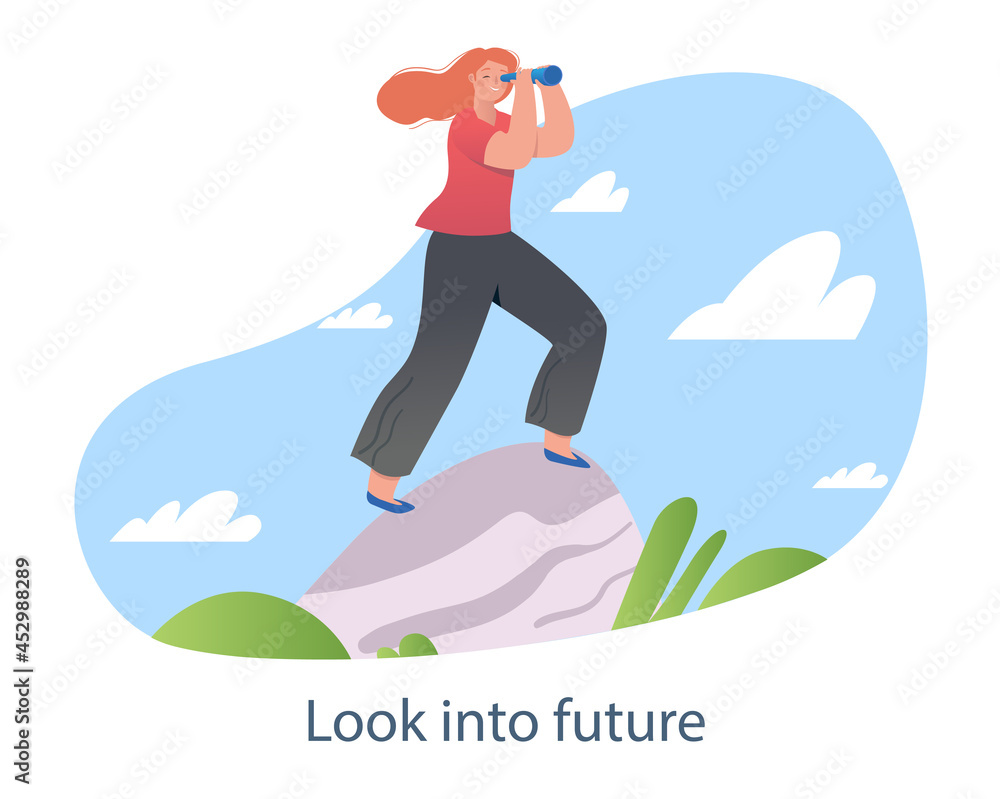 Person with telescope. Female character stands on hilltop and looks into bright future. Metaphor for planning actions. Cartoon contemporary flat vector illustration isolated on white background