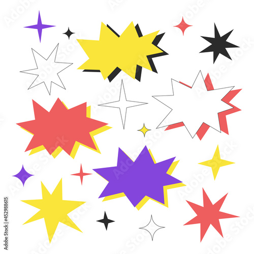 blank starburst speech bubbles set with different color isolated on white background. vector illustration. hot sale star shaped bubbles, 80s. 90s style. primitive old school computer graphic design