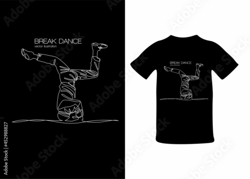 T-shirt print break dancer stands on his head vector illustration continuous curve line hip hop style. Breakdancing head rotation acrobatic posing.