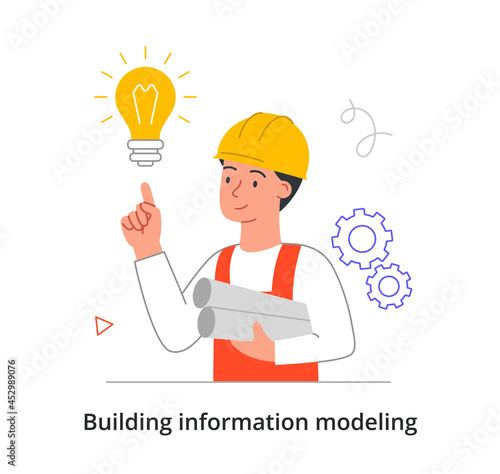 Building information modeling. Man holds drawings of future house and comes up with ideas for implementation. Project for construction. Cartoon flat vector illustration isolated on white background