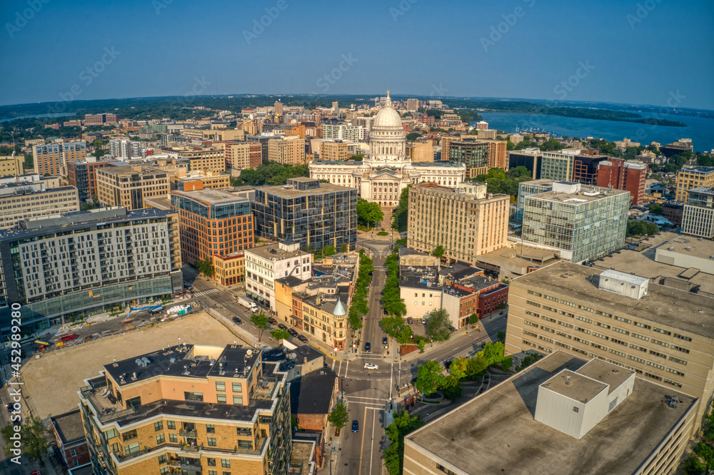 Aerial View of Downtown Madison, Wisconsin in Summer