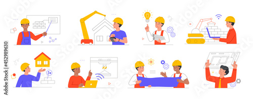New technologies for building set of icons. Male characters build houses, use equipment and develop projects. Professionals at work. Cartoon doodle flat vector collection isolated on white background