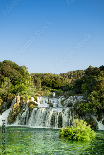 Krka is a river in Croatia s Dalmatia region  known for its numerous waterfalls. It is 73 km  45 mi  long and its basin covers an area of 2 088 km2  806 sq mi .