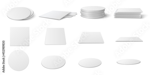 Realistic Round and square table coasters mockup set.