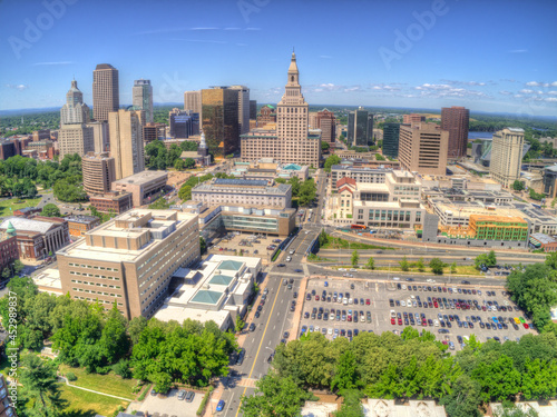Boston, Massachusetts Skyline from above by Drone during Summer Time
