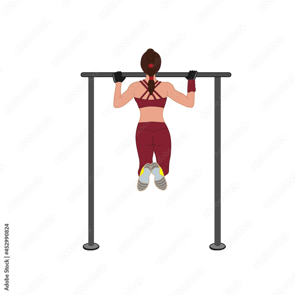 A young woman pulls herself up on a crossbar in the gym. The view of the girl from behind. Vector illustration.