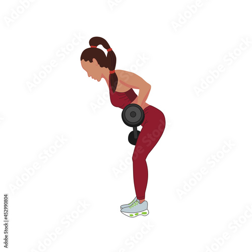 A young slender woman trains with a barbell on a white background. The technique of performing the barbell pull to the belt in a tilt. Vector illustration of a girl doing fitness.