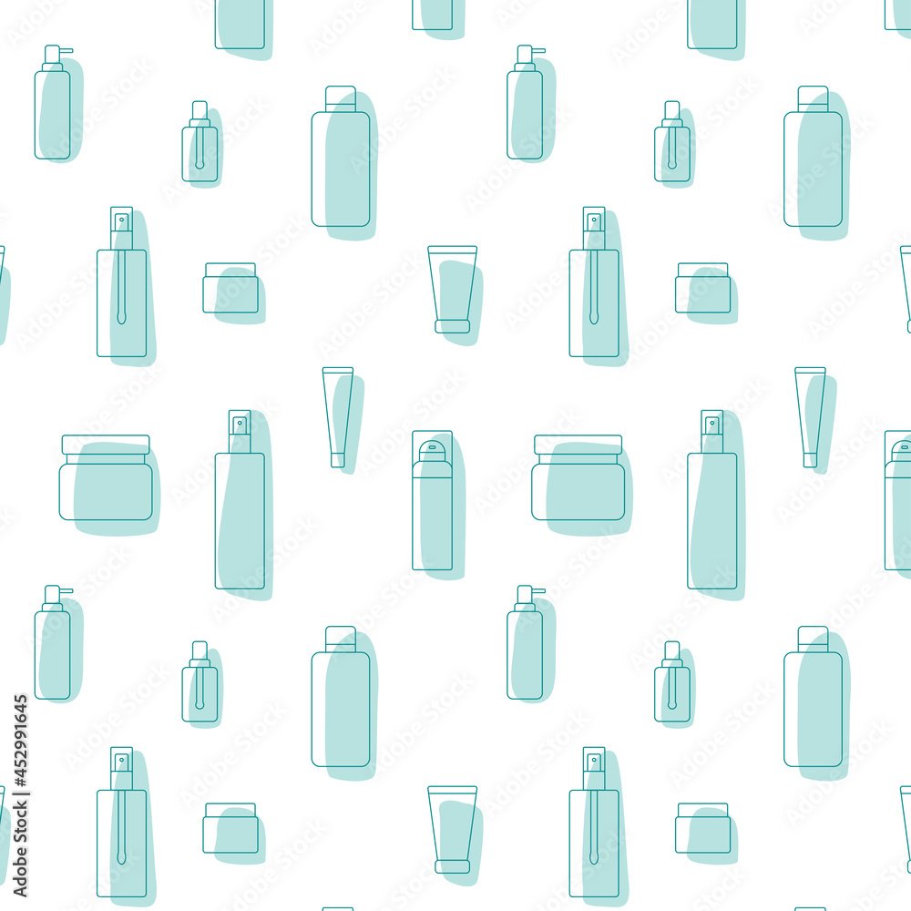 Cosmetic product package icon seamless pattern - bottle, jar, plastic container for beauty industry. Vector stock illustration outline with abstract background for web design, packaging, spa. Cosmetic product package icon seamless pattern - bottle, jar, plastic container for beauty industry. Vector stock illustration outline with abstract background for web design, packaging, spa.