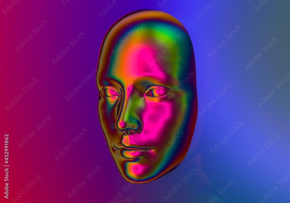 Surreal 3D illustration of a holographic head in the wall. The concept of artificial intelligence.