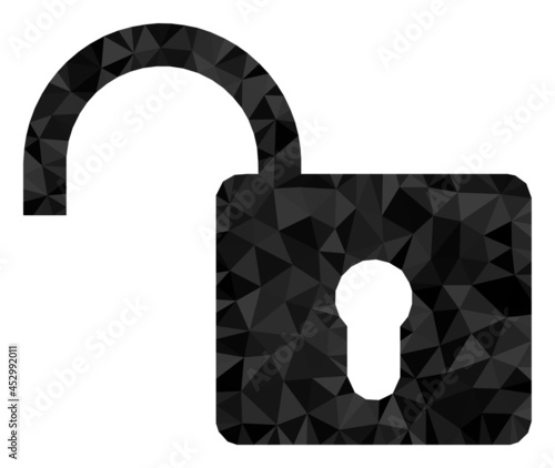 Low-poly open lock combined with scattered filled triangles. Triangle open lock polygonal symbol illustration. Open Lock icon is filled with triangles.