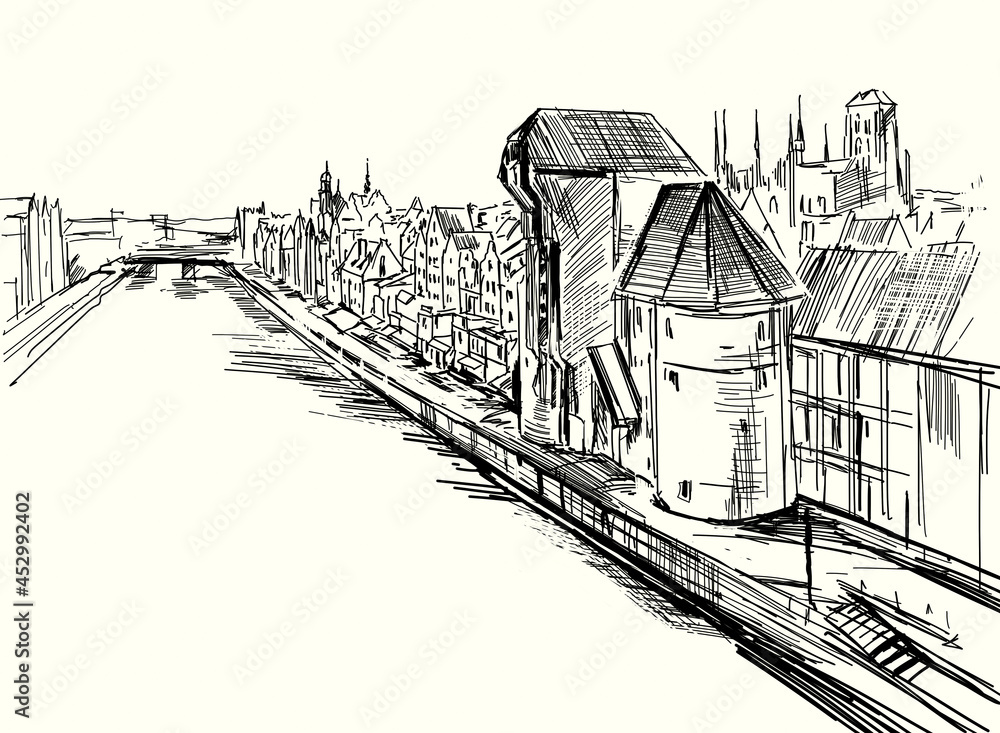 Panorama miasta Gdańsk w Polsce. Ręczny szkic wykonany piórkiem - obrazy, fototapety, plakaty 