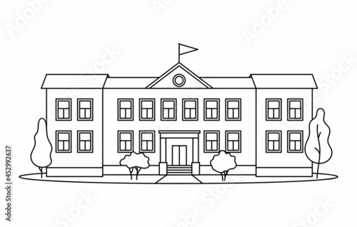 Classical school building with columns for kids or pupil drawn with contour black lines on white background. Educational institution. Monochrome vector illustration in linear style