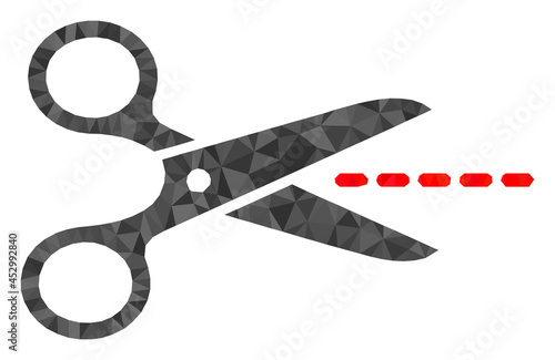 Low-poly scissors line combined with scattered filled triangles. Triangle scissors line polygonal 2d illustration. Scissors Line icon is filled with triangles.