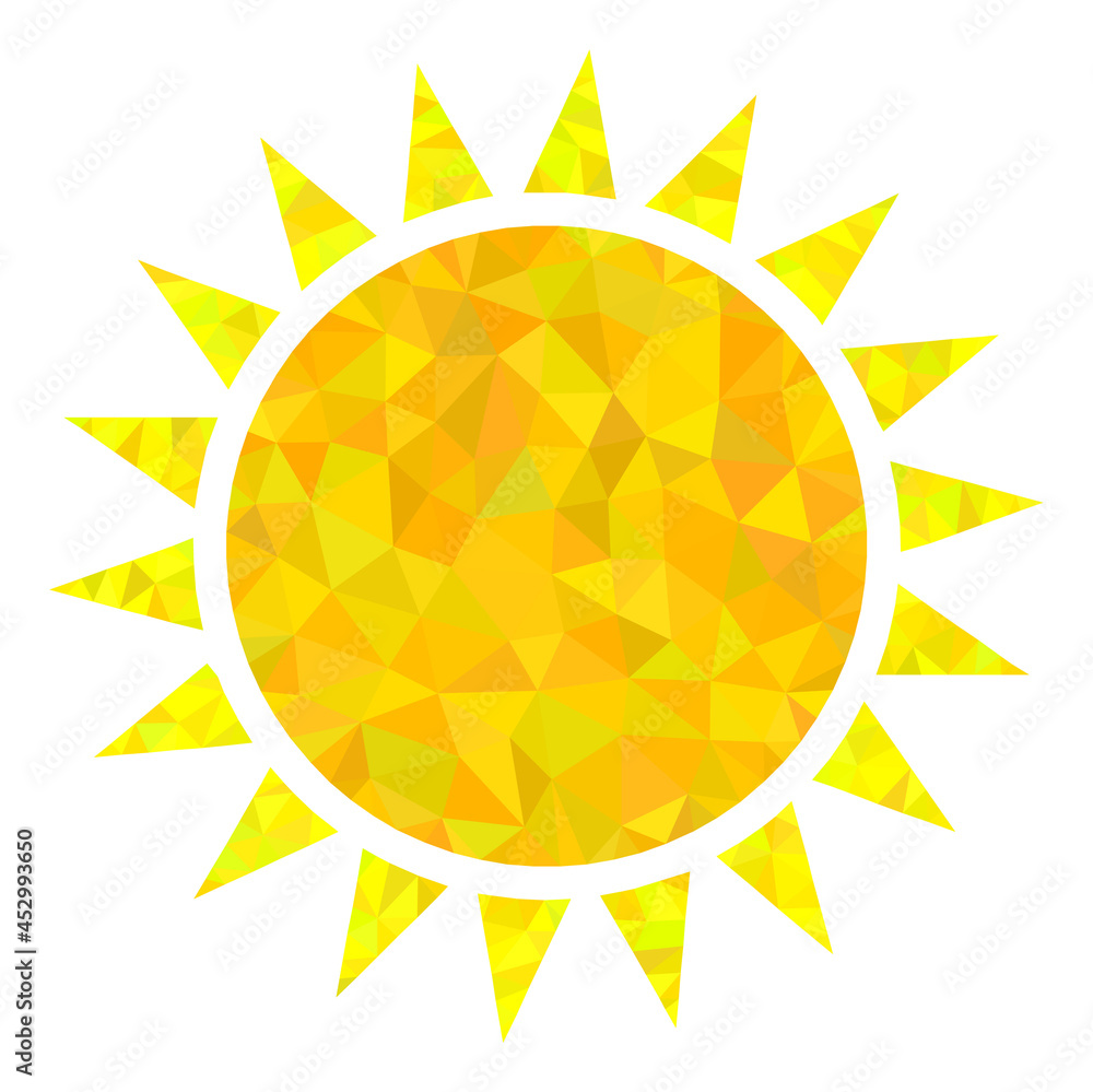 Low-poly sun designed with randomized filled triangles. Triangle sun polygonal symbol illustration. Sun icon is filled with triangles. Flat geometric polygonal symbol based on sun icon. Low-poly sun designed with randomized filled triangles. Triangle sun polygonal symbol illustration. Sun icon is filled with triangles. Flat geometric polygonal symbol based on sun icon.