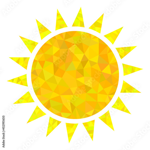 Low-poly sun designed with randomized filled triangles. Triangle sun polygonal symbol illustration. Sun icon is filled with triangles. Flat geometric polygonal symbol based on sun icon.