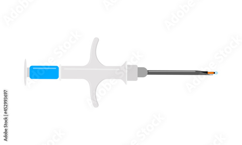Syringe for pet microchipping with microchip. Veterinarian tool for dog or cat implant procedure. Concept of pets permanent ID. Vector flat illustration.