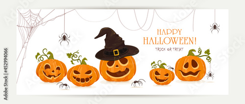Halloween Banner with Set of Pumpkins and Spiders