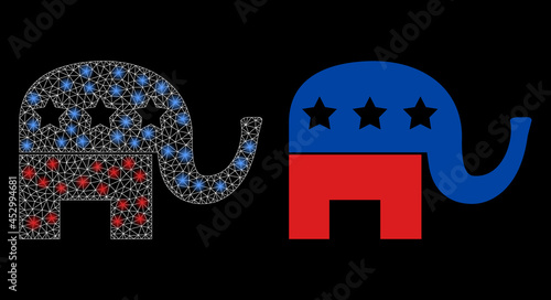 Glamour mesh vector american political elephant with glare effect. White mesh, glare spots on a black background with american political elephant icon.