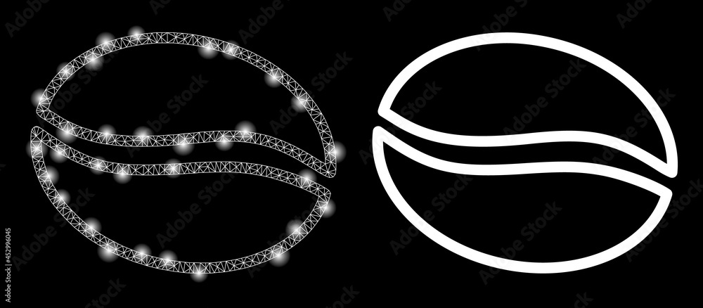 Glossy mesh vector cacao beans with glow effect. White mesh, light spots on a black background with cacao beans icon. Mesh and glare elements are placed on different layers. Glossy mesh vector cacao beans with glow effect. White mesh, light spots on a black background with cacao beans icon. Mesh and glare elements are placed on different layers.