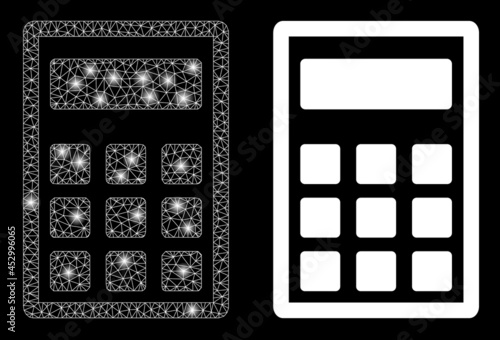 Glossy mesh vector calculator with glare effect. White mesh, light spots on a black background with calculator icon. Mesh and glare elements are placed on different layers.