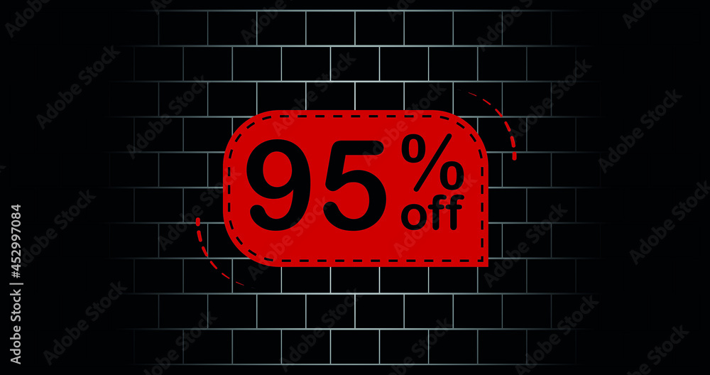 Fototapeta premium Red balloon 95% off - black brick background.