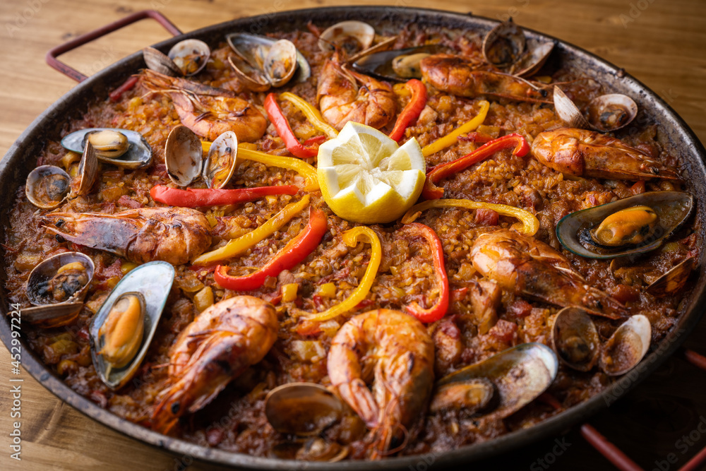 traditional seafood paella with shrimp and mussel traditional seafood paella with shrimp and mussel