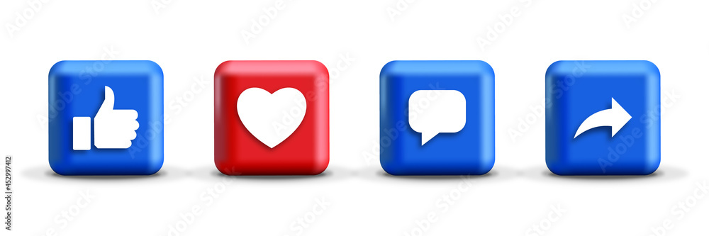 Like love comment share buttons in 3d modern square social media notification icons Premium Vector Like love comment share buttons in 3d modern square social media notification icons Premium Vector