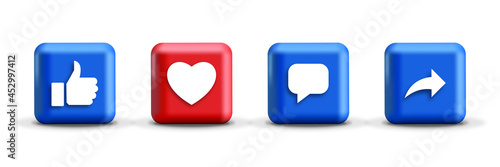 Like love comment share buttons in 3d modern square social media notification icons Premium Vector